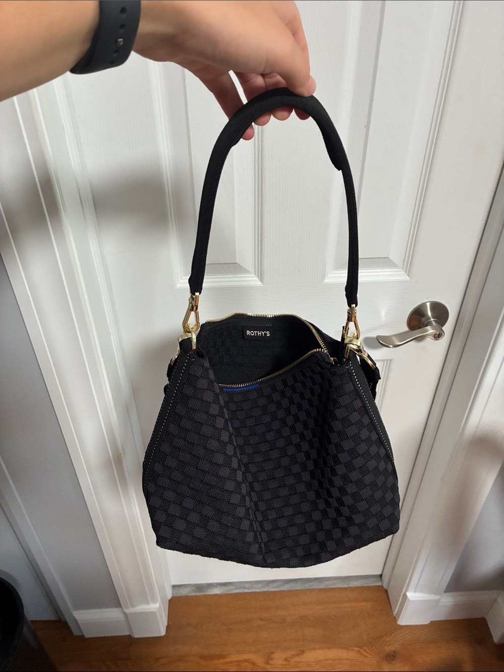 Rothy's Black Checker Textured Shoulder Bag with Gold Hardware